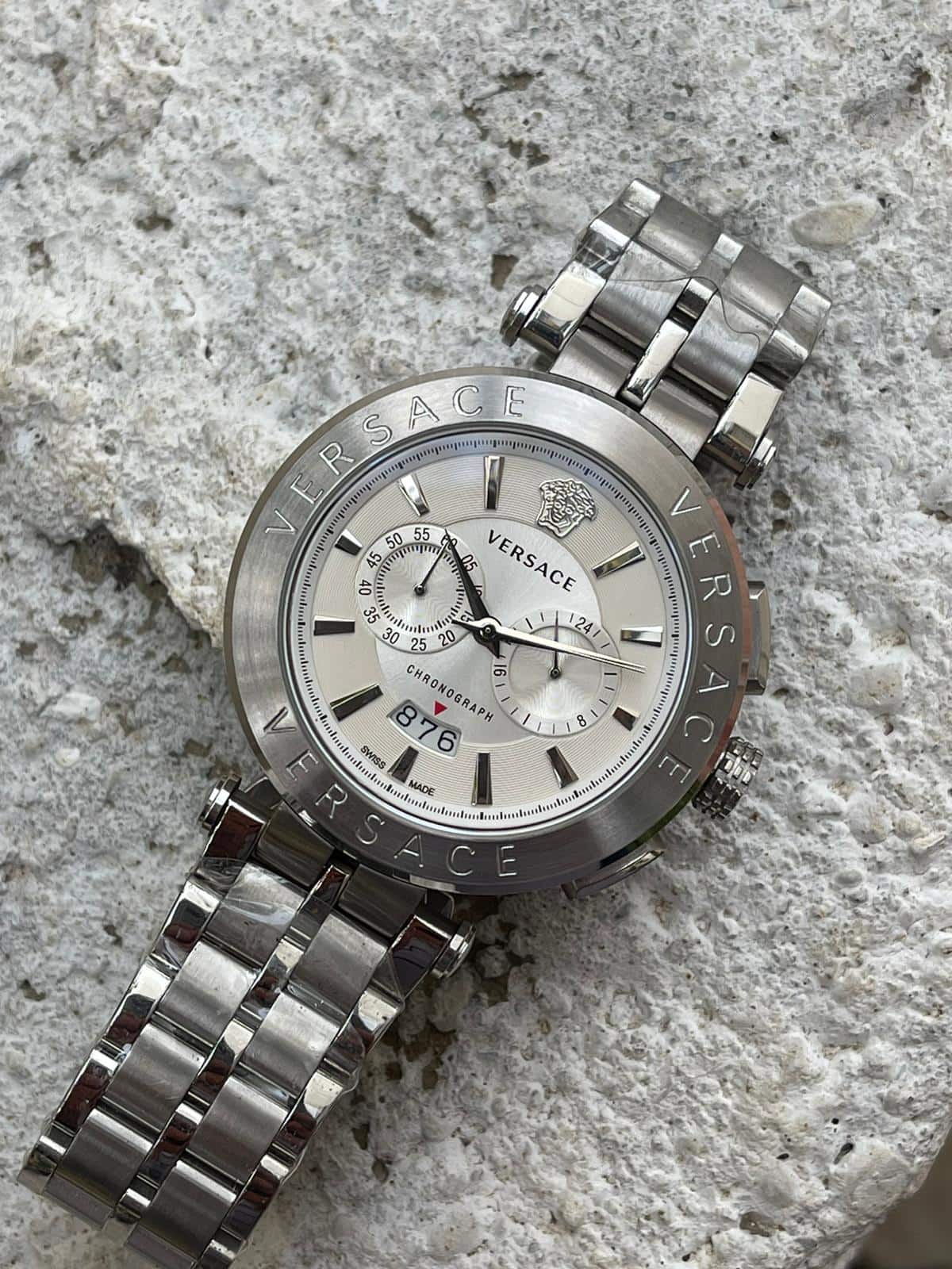 Versace Chronograph Beyaz Kadran Gri Çelik Kordonlu Erkek Saat Modeli L-783